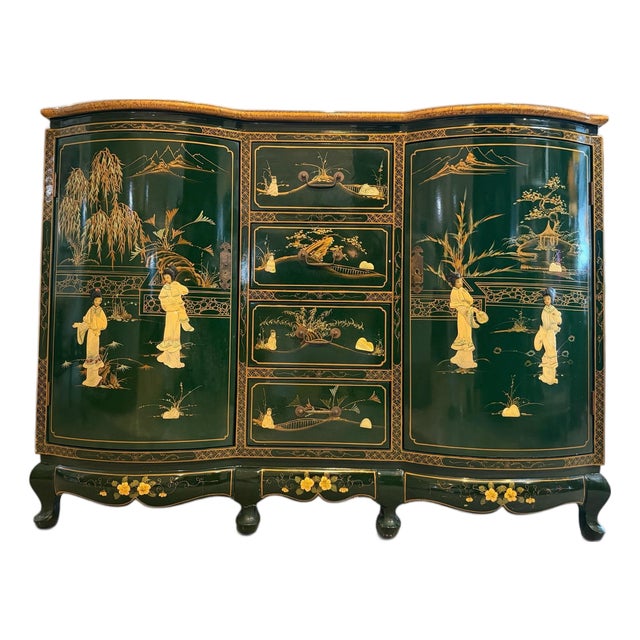 Vintage Chinese Green Lacquered Serpentine Credenza / Sideboard With Soapstone Inlay For Sale