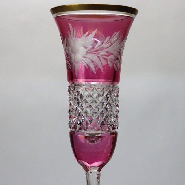 Three Antique Bohemian Rose Floral Cut To Clear Crystal Champagne Flute Stem Glasses With Gold Gilt Rim C1910 Measures - 7...