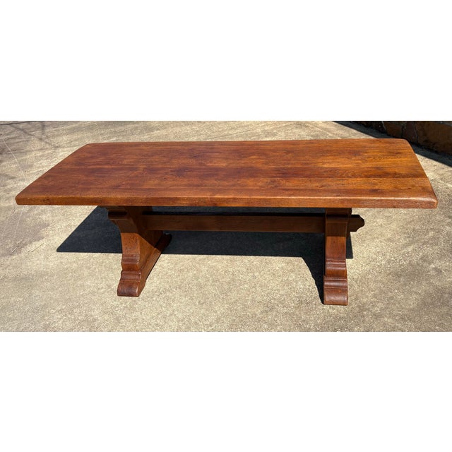 Brown Vintage Solid Plank Trestle Oak Farm Dining Table For Sale - Image 8 of 12