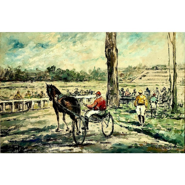 On offer is an original mid-20th-century impressionistic oil painting depicting a harness racing scene, heavily indicative...