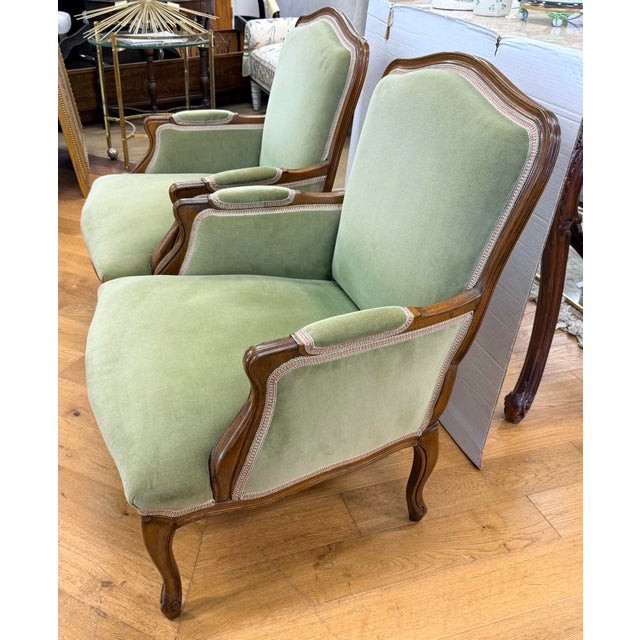 Pair of Green Velvet Upholstered French Bergeres Armchairs For Sale - Image 4 of 7