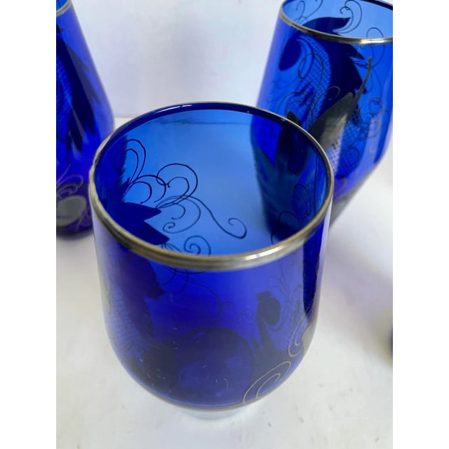 Cobalt Blue Italian Glass With Silver Overlay Pitcher and Glasses - Set of 6 For Sale - Image 12 of 12