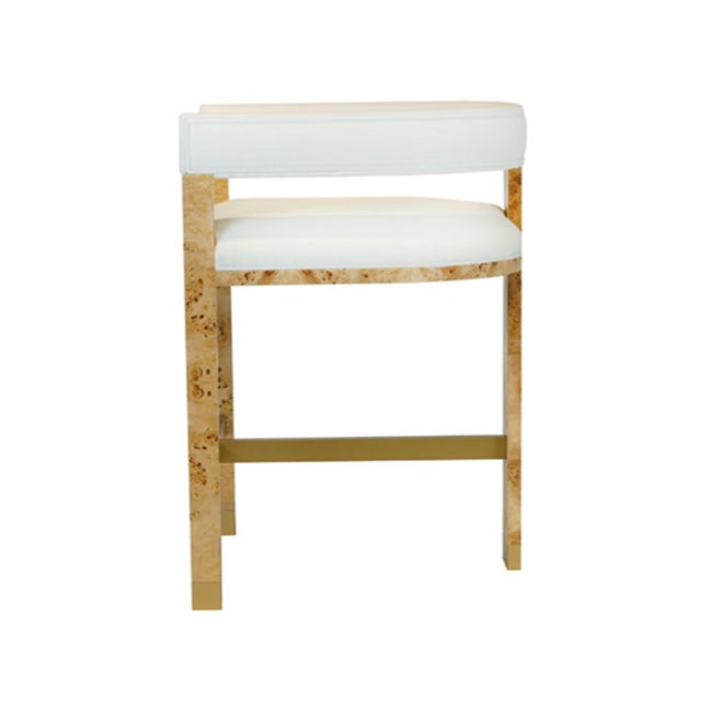 Worlds Away Matthew Izzo Home Cruise Natural Matte Burlwood Veneer Barrel Back, Tri Leg Counter Stool With Brass Ferrule and White Performance Linen For Sale - Image 4 of 7