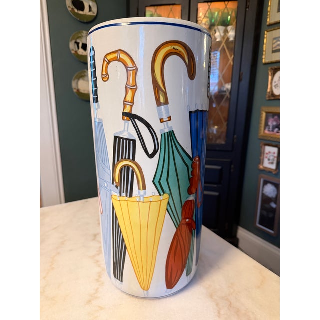 Mid-Century Modern Hand Painted Postmodern 80s Ceramic Umbrella Holder Fornasetti Style Graphic Art For Sale - Image 3 of 8