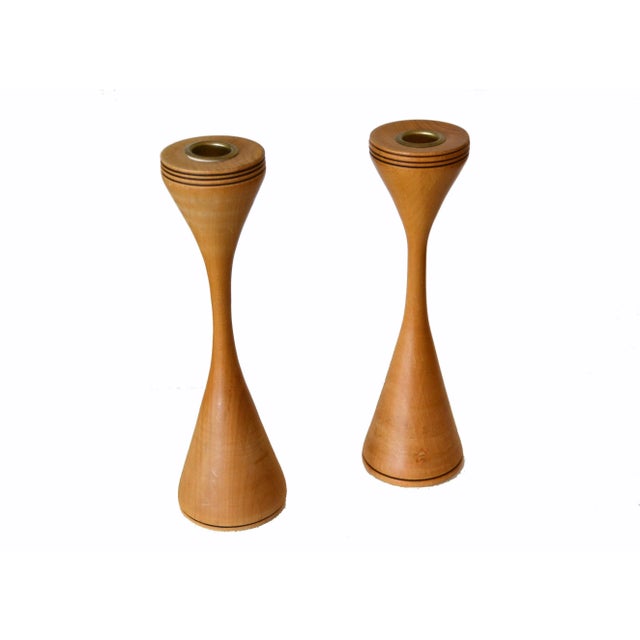 1980s Signed Scandinavian Modern Handcrafted Turned Wood and Brass Candle Holders Pair For Sale - Image 5 of 12