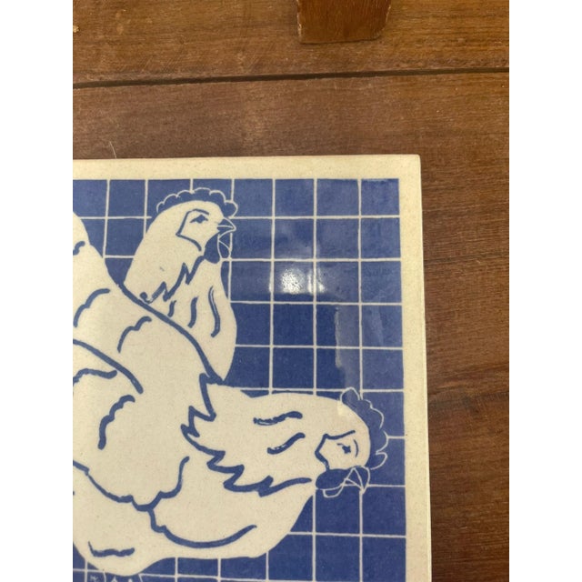 1970s Vintage Blue Rooster Tile Coaster Motif Dish For Sale - Image 5 of 7
