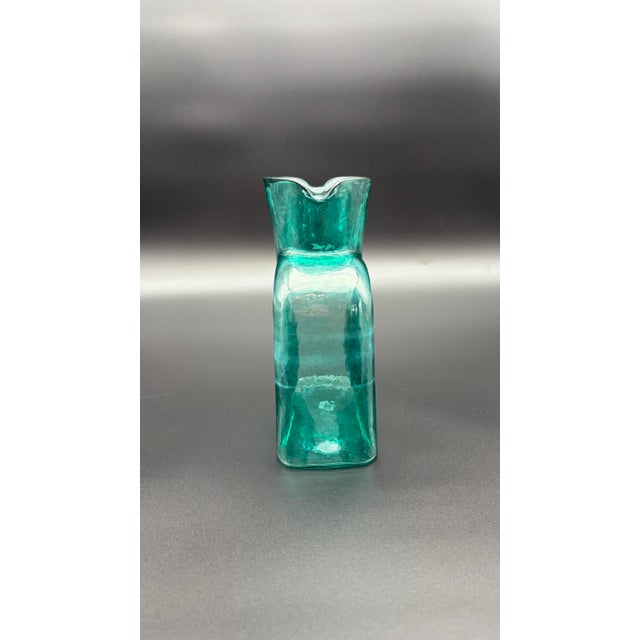 Beautiful, authentic vintage hand-blown glass water bottle pitcher manufactured by the iconic Blenko Glass Company (Style...