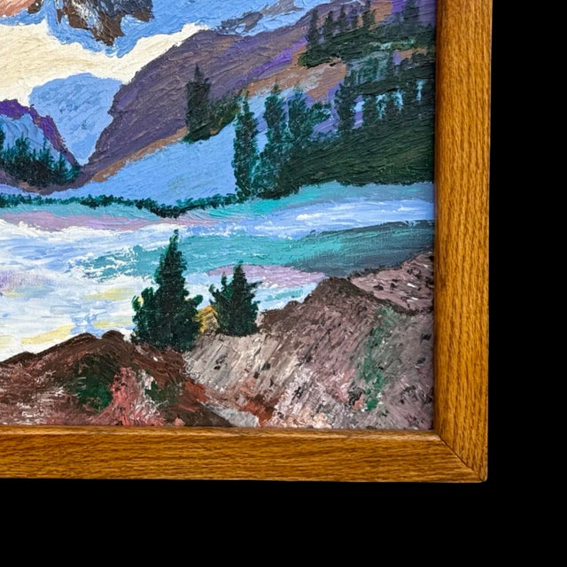 Wood Mid-Century Expressionist Winter Mountain Landscape Oil Painting W/ Original Vintage Wood Frame For Sale - Image 7 of 9