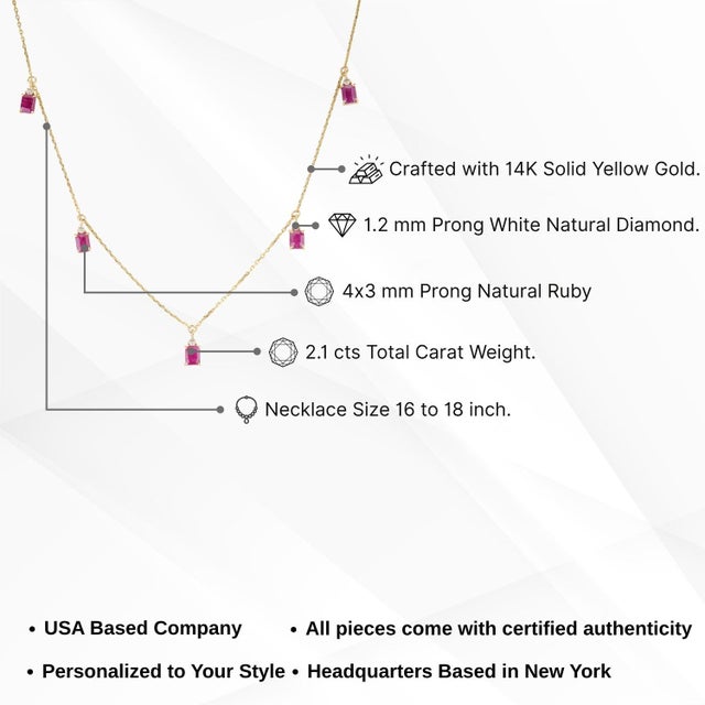 14k Yellow Gold 2.1 Ct Natural Emerald-Cut Ruby & Diamond Station Charm Necklace For Sale - Image 12 of 17