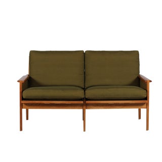Capella Sofa in Oak with Green Cushions by Illum Wikkelsø for Niels Eilersen, Denmark, 1960s For Sale