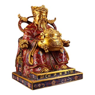 Late 19th Century Cloisonné Gilt Bronze God of Wealth Figure, 4400g, 12" Tall For Sale