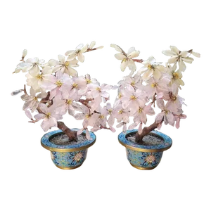 Pair of Antique Chinese Jade Stone Bonsai Trees Magnolia Blossoms Enamel Gilt Bronze Cloisonné Planters