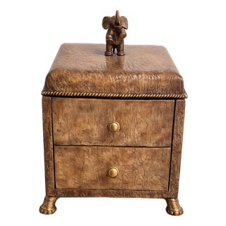 1980s Maitland-Smith Decorative Box With Crackle-Finish Leather, Brass Feet, and an Elephant Finial. For Sale