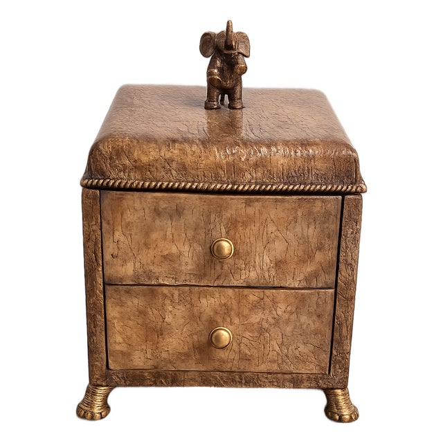 1980s Maitland-Smith Decorative Box With Crackle-Finish Leather, Brass Feet, and an Elephant Finial. For Sale