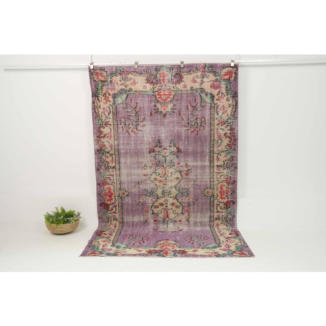 1970s Vintage Turkish Handmade Wool Cotton Purple Area Rug For Sale - Image 4 of 13