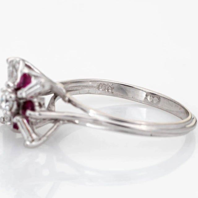 Metal Mid 20th Century Diamond Ruby Star Ring Vintage 18 Karat White Gold Fine Cocktail size 6.25 For Sale - Image 7 of 7