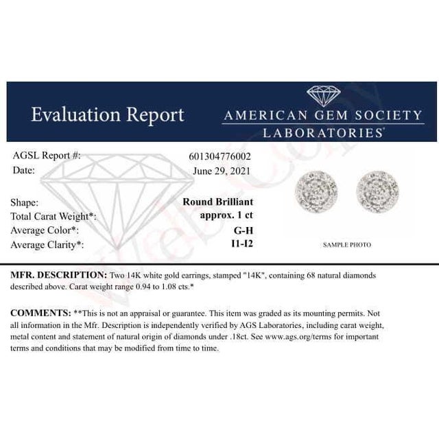 AGS Certified 14K White Gold 1.0 Cttw Brilliant-Cut Diamond Halo-Style Cluster Round Button Stud Earrings, A Pair For Sale In New York - Image 6 of 7
