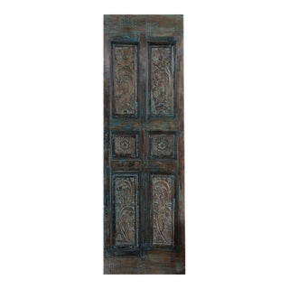 Antique Teal Hand-Carved Indian Door Panel — Decorative Pantry Door & Feature Wall Art 80x27 For Sale