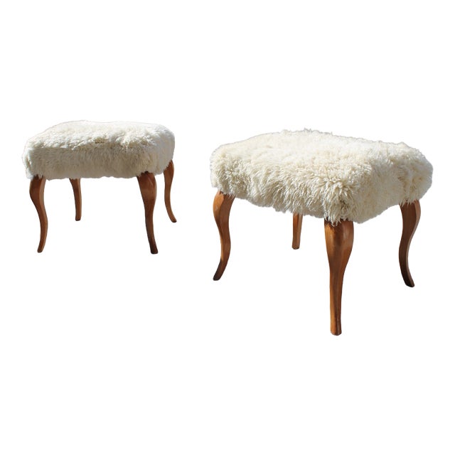 Stools in Walnut and Sheep's Wool, 1970, Set of 2 For Sale