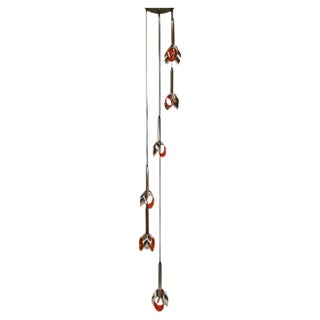 Cascade Fixture with Six Chrome and Orange Pendants in Raak Style, 1970s For Sale