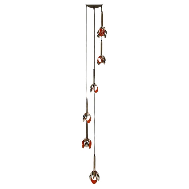 Cascade Fixture with Six Chrome and Orange Pendants in Raak Style, 1970s For Sale