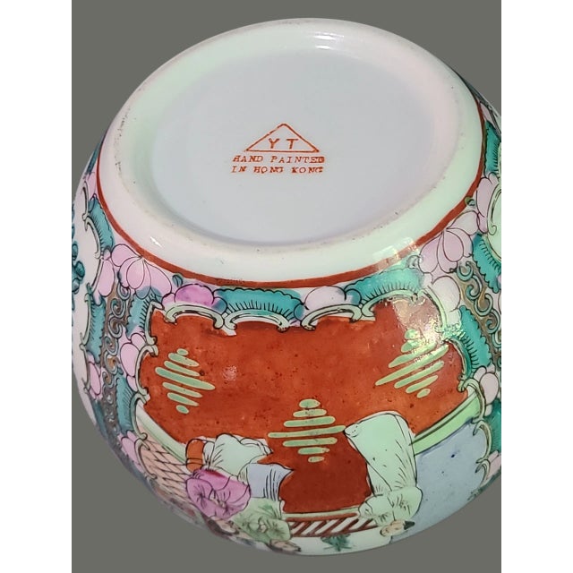 Rose Vintage Asian Chinoiserie Famille Rose Hand Painted Colorful Figural Floral Vase For Sale - Image 8 of 9
