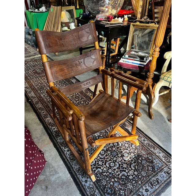 Wood Wooden and Leather Handmade Rocking Chair With Costa Rica Birds Design For Sale - Image 7 of 12