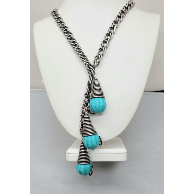 1950s Vintage Signed Napier Book Piece Modernist Silvertone Faux-Turquoise Pendants Necklace For Sale - Image 5 of 8