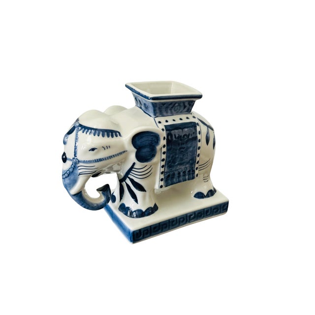 Ceramic Vintage Petite Bombay Company Blue & White Elephant Vase Planter – Chinoiserie Porcelain Elephant Cachepot, Made in Thailand For Sale - Image 7 of 11