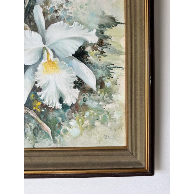 Green 1970’s Vintage Tropical Botanical Orchid Landscape Oil on Canvas Painting, Framed For Sale - Image 8 of 12