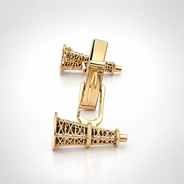 Mid-Century Modern Tiffany & Co. Vintage 14k Yellow Gold Oil Well Derrick Tower Cufflinks, Pair For Sale - Image 3 of 12