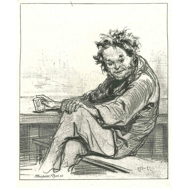 Paul Gavarni, A Drunk Man, Original Lithograph, 1881 For Sale