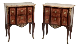 Antique Pair of French Louis XV Style Marble Top Inlaid Chests