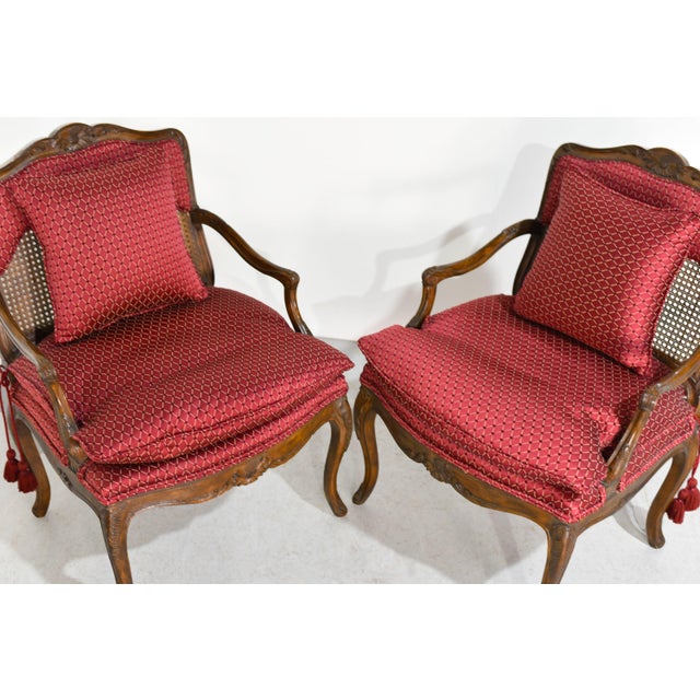 Wood Vintage French Bergere Carved Wood Cane Red Occasional Chairs - a Pair For Sale - Image 7 of 12