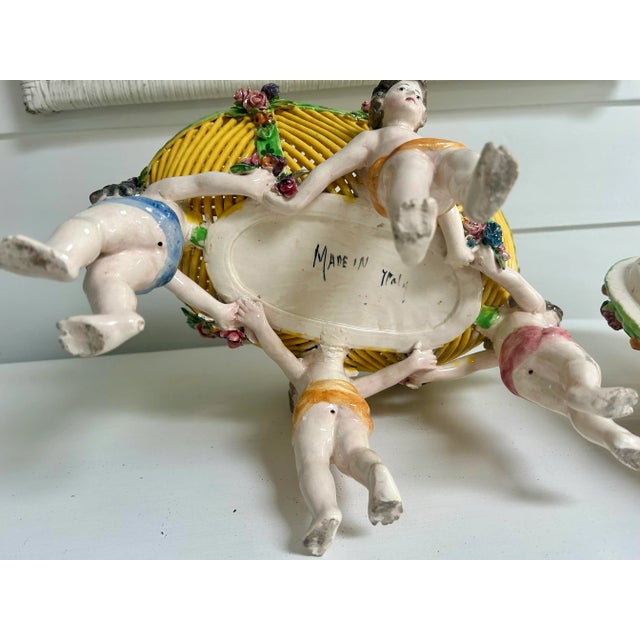 1950s Antique Italian Lattice Lidded Centerpiece Ceramic Bowl on Putti Cherub For Sale - Image 5 of 12