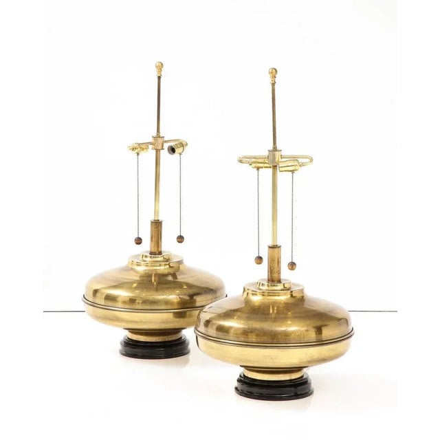 Gold 1970s Modern Oversized Brass Table Lamps with Wood Lacquer Base - A Pair For Sale - Image 8 of 12