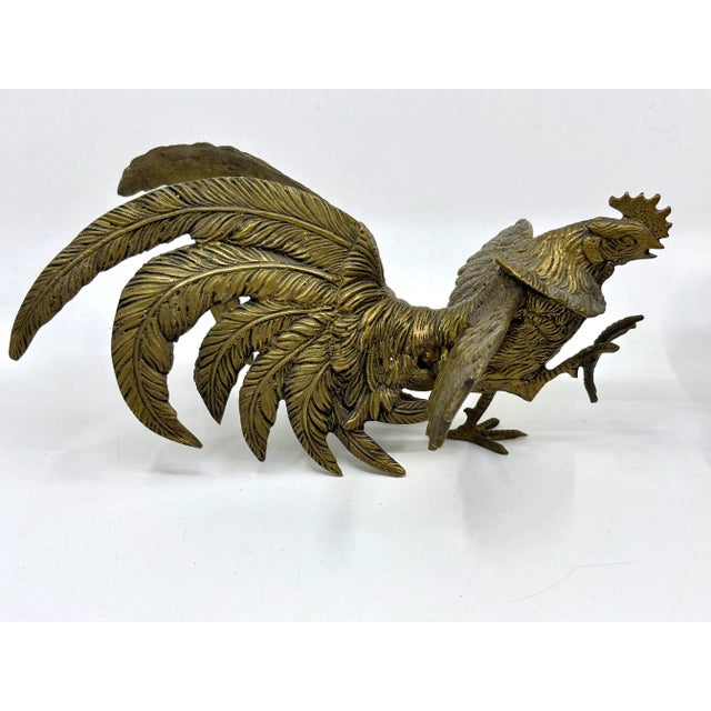Farmhouse Vintage Brass Fighting Rooster Tablescape Statues- A Pair For Sale - Image 3 of 6
