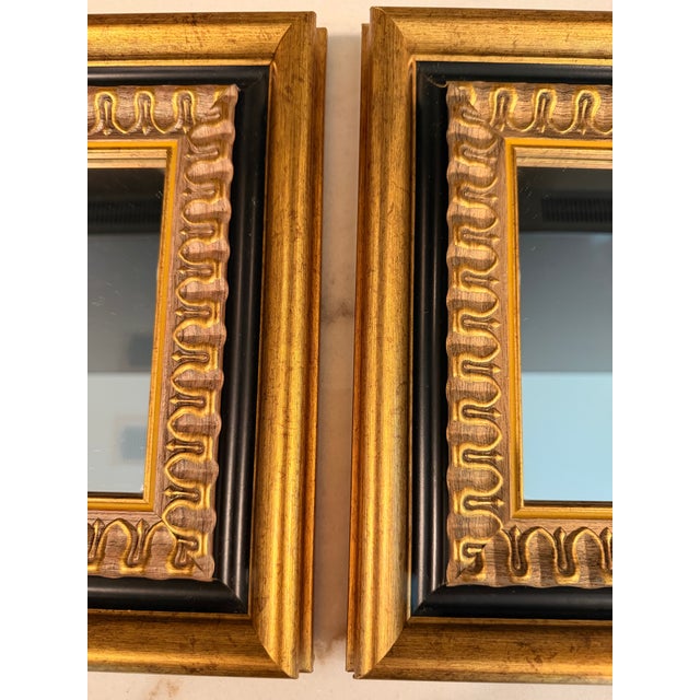 Pair of Vintage 11” X 11” Giltwood Accent Wall Mirrors With Carved Geometric Frames For Sale - Image 4 of 9