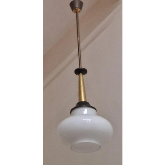 Mid-Century Brass and Black Lacquered Metal Ceiling Lamp with White Opaque Glass Shade, 1960s For Sale - Image 6 of 8