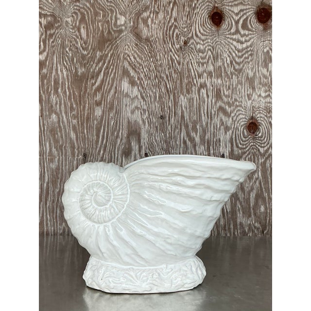 Vintage Coastal Glazed Ceramic Nautilus Shell Planter For Sale - Image 9 of 9