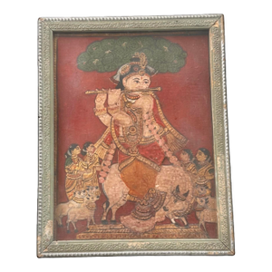 1900s Tanjore Painting Krishna Flute Venugopala India Indian Thanjavur Antique Vintage Framed