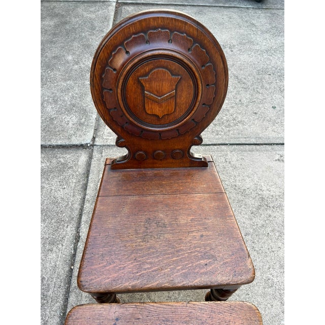 Pair of Early 19th Century English Regency Oak Hall Chairs With Carved Backs For Sale - Image 12 of 18