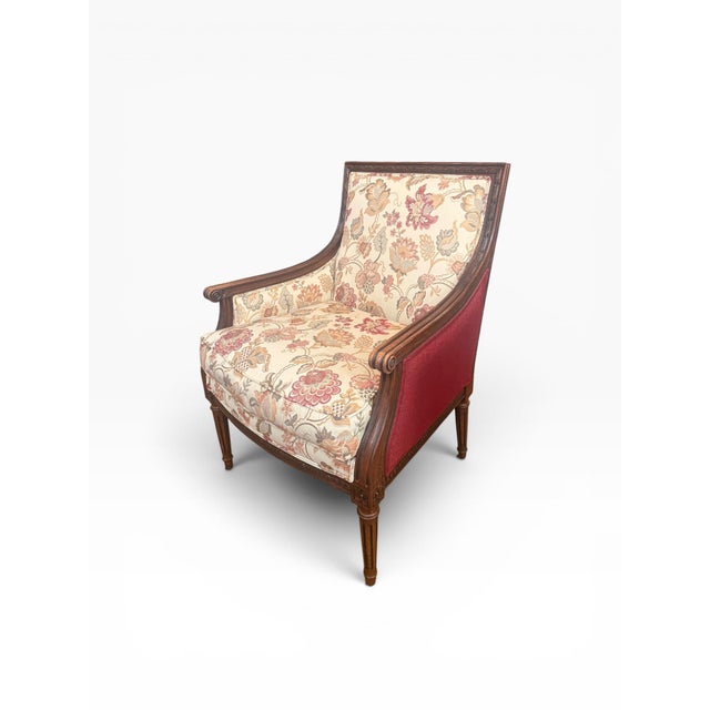 Cream Ethan Allen Neoclassical Style Bergere Lounge Chair With Floral Upholstery For Sale - Image 8 of 17