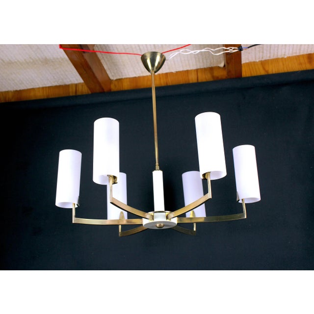 Stilnovo Chandelier, Mid-Century Brass & White , Six Opalines, Italy For Sale - Image 6 of 6