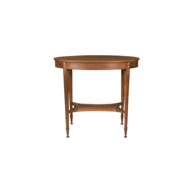 Early 20th Century Antique English Hepplewhite Carved Bellflower Mahogany Caned Oval Side Table For Sale In Baltimore - Image 6 of 12