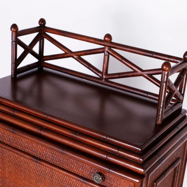 British Colonial Grass Cloth and Faux Bamboo Three-Tiered Cabinet and Desk For Sale In West Palm - Image 6 of 10