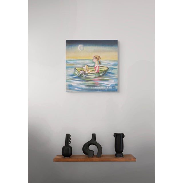 Early 21st Century Bon Voyage by Zoa Ace | Oil on canvas Girl in a boat with a dog and cat under the moon. For Sale - Image 5 of 5