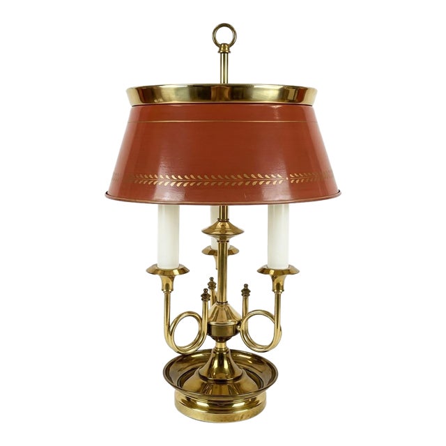 1960s Brass and Red Toleware Bouillotte Lamp by Turtle and Crane - Styled After Frederick Cooper / Maison Janson For Sale