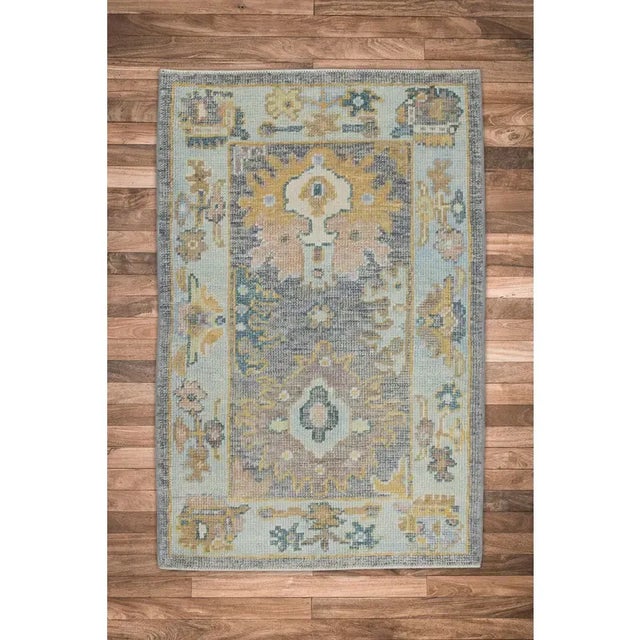 Turkish Oushak Rug Blue Yellow Gray Handwoven Vintage Rug 2'4" X 3'5" For Sale In Houston - Image 6 of 6