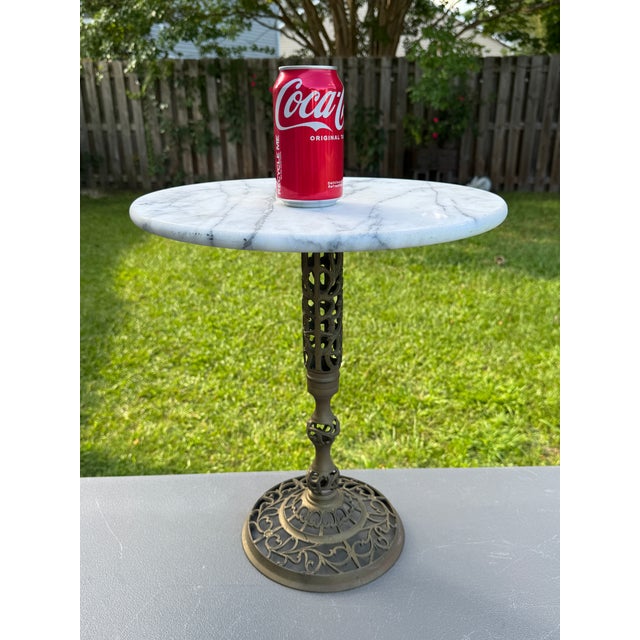 Metal Vintage 17" Pierced Brass Side Table W/White & Grey Marble 15" Top For Sale - Image 7 of 7